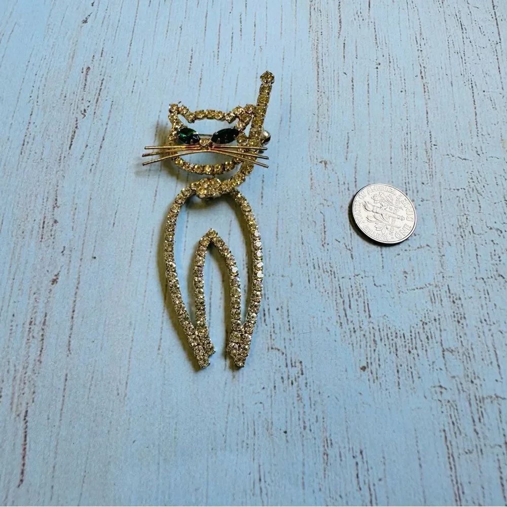 Rhinestone Articulated Cat Silver Brooch‎